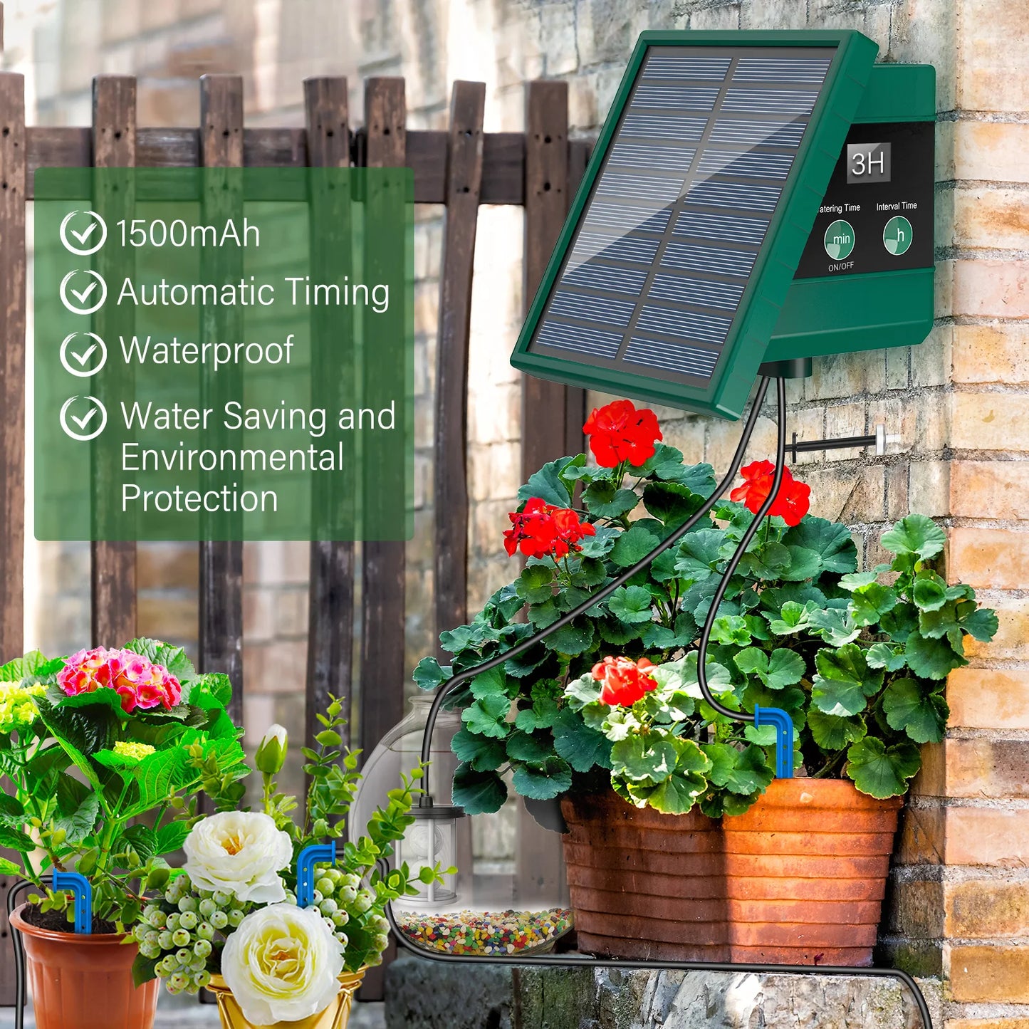 Solar Drip Irrigaton System,  Automatic Watering System with 300 Watering Programmes, Garden Watering Kit with 10M Hose&10 Drip Tips etc, Suitable for Vegetables/Potted Plants/Fruit Trees