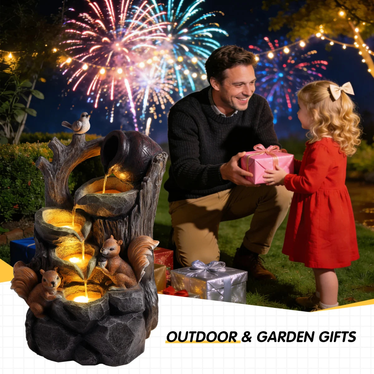 Squirrel Outdoor Water Fountain with Lights Waterfall Garden Decor Resin Tree Stump Pouring Jug for Patio Yard Porch   WL RR