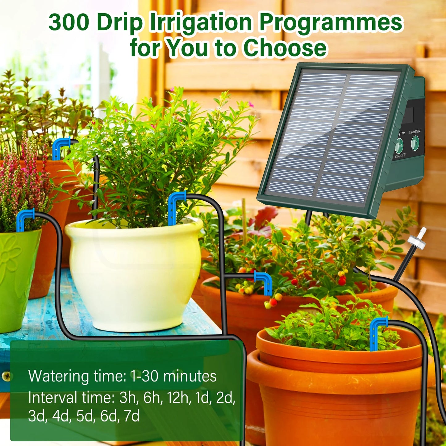 Solar Drip Irrigaton System,  Automatic Watering System with 300 Watering Programmes, Garden Watering Kit with 10M Hose&10 Drip Tips etc, Suitable for Vegetables/Potted Plants/Fruit Trees