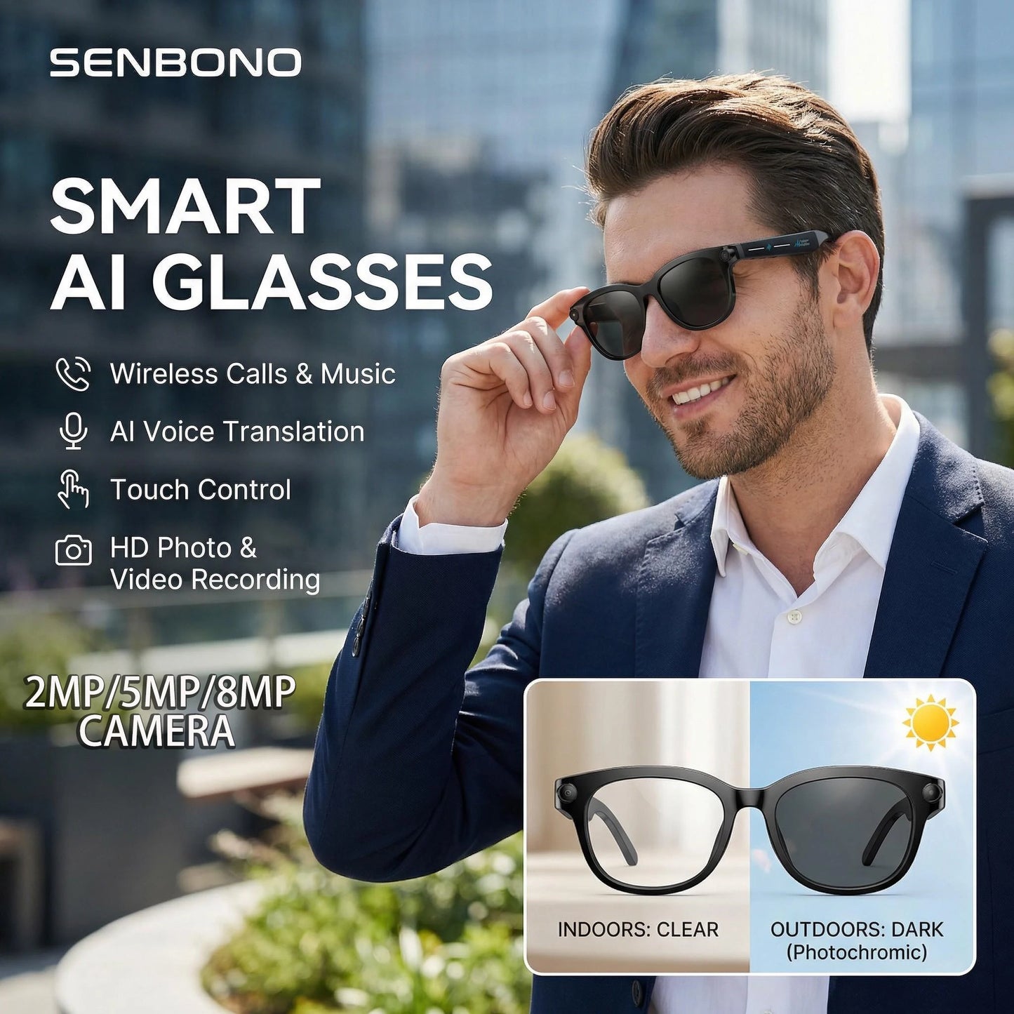 SENBONO AI Smart Glasses With Camera 1080P 4K Video Voice