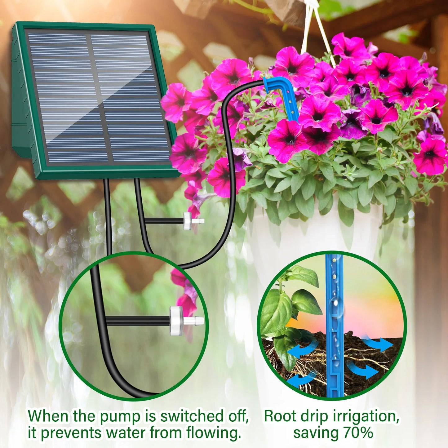 Solar Drip Irrigaton System,  Automatic Watering System with 300 Watering Programmes, Garden Watering Kit with 10M Hose&10 Drip Tips etc, Suitable for Vegetables/Potted Plants/Fruit Trees