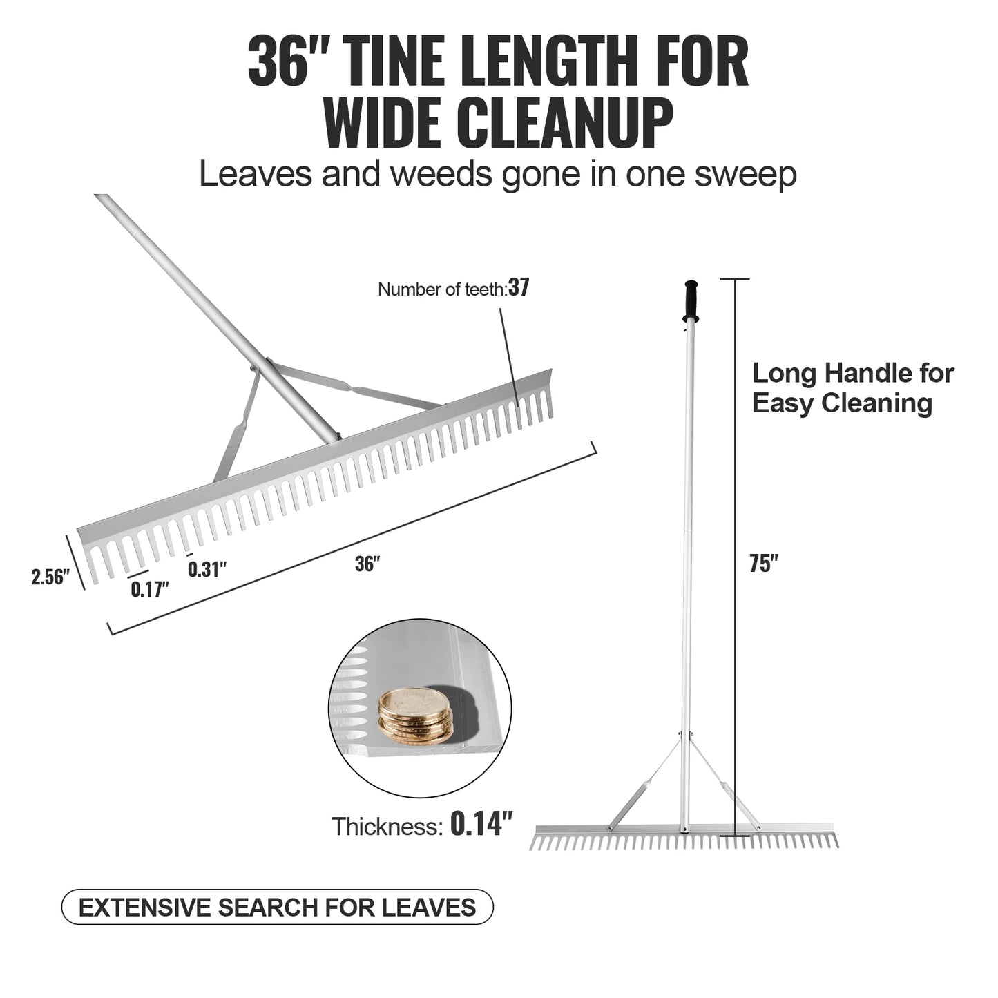 Aluminum Landscape Rake With 37 Teeth For Lawn Care And Garden