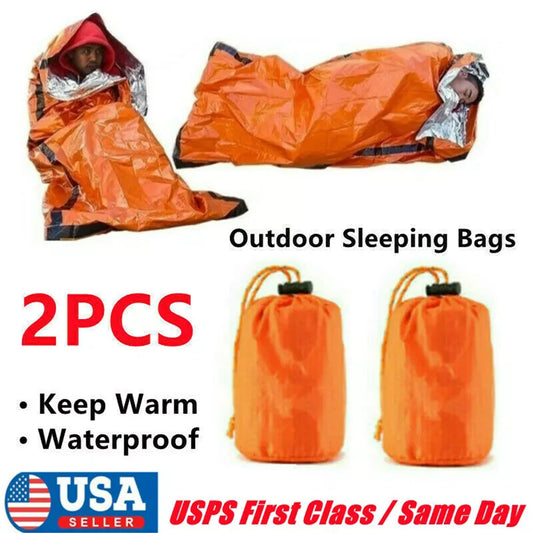 Two Pack Emergency Sleeping Bags Thermal Blanket Waterproof Outdoor Survival