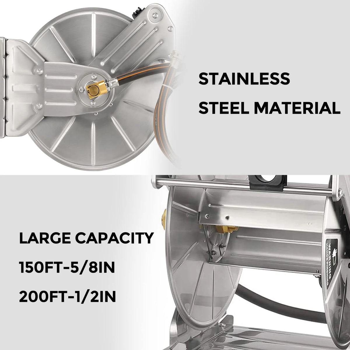 Giraffe Tools Stainless Steel Garden Hose Reel Heavy Duty, Wall/Floor Mounted Stainless Water Hose Reel Retractable with Crank, 150-Feet 5/8" Hose Capacity＆100FT hose