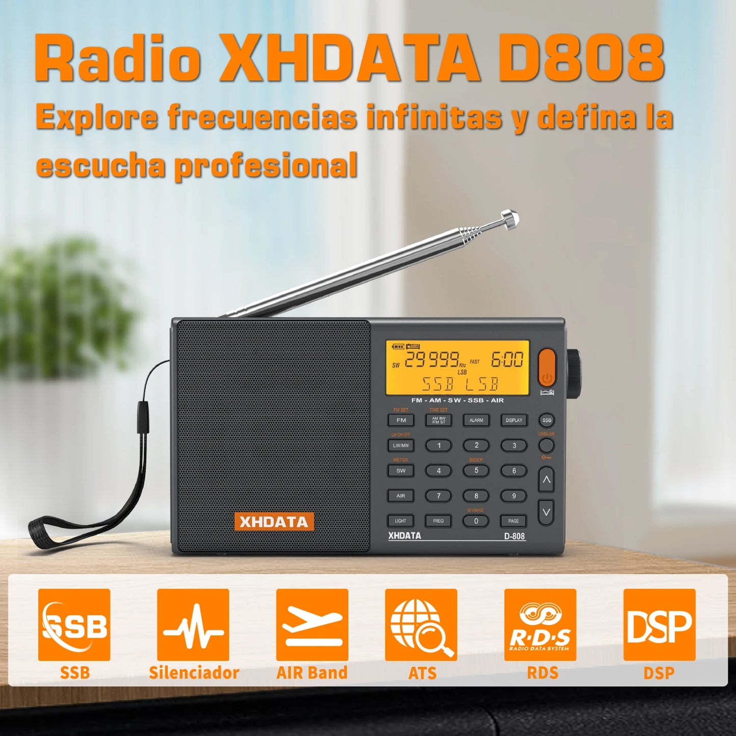 XHDATA D808 Portable Multiband Radio Receiver AM FM SW MW SSB RDS
