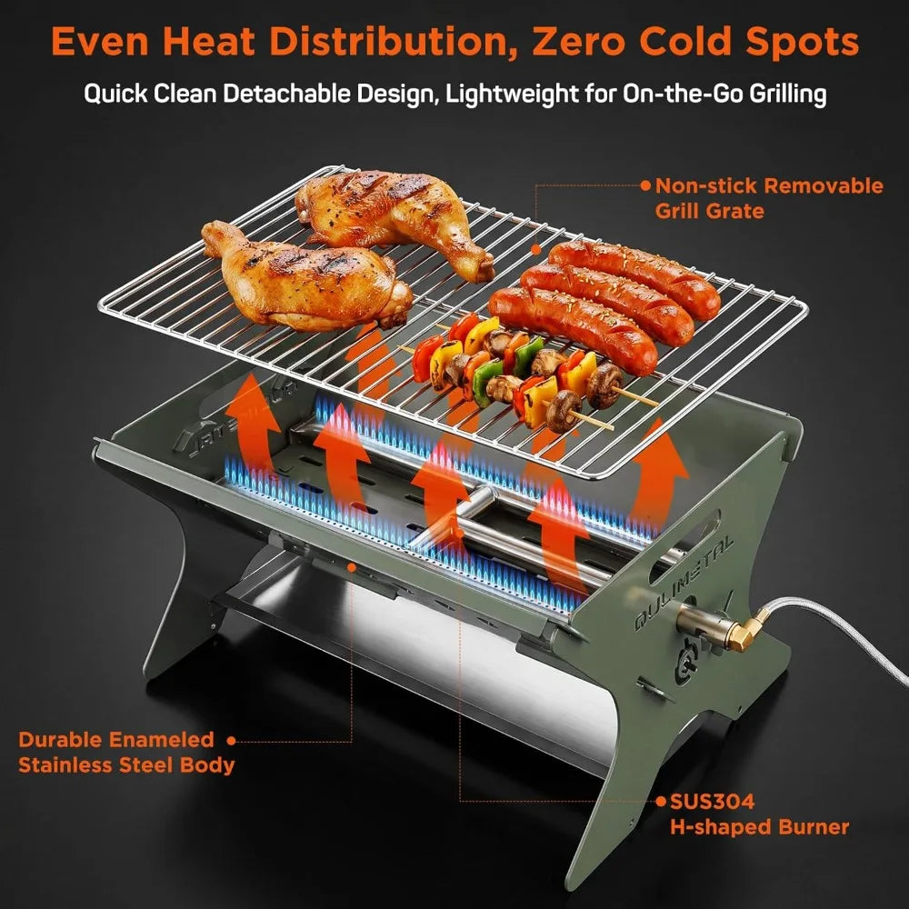 Portable Camping Grill 3 In 1 Charcoal Wood Gas Stainless Steel Carry Bag