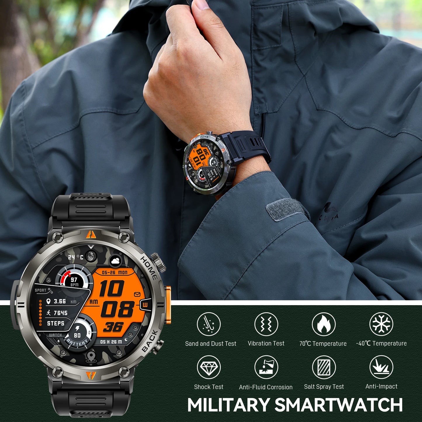 EIGIIS KE3 Smartwatch For Men Health Monitor Heart Rate Bluetooth