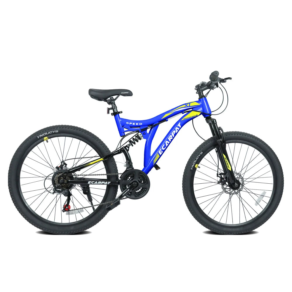 26 Inch Mountain Bike with 21-Speeds & Full Suspension Steel Frame, Alloy Rims, Disc Brakes For All Terrains, Men & Women, Multiple Colors