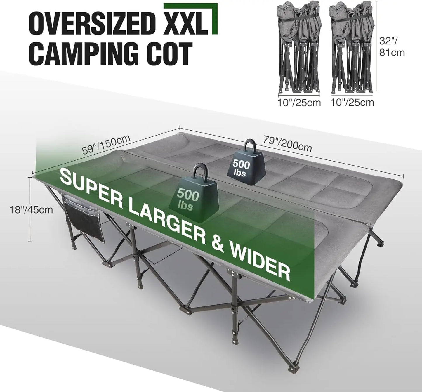 Extra Wide Two Person Camping Cot Heavy Duty With Pillow