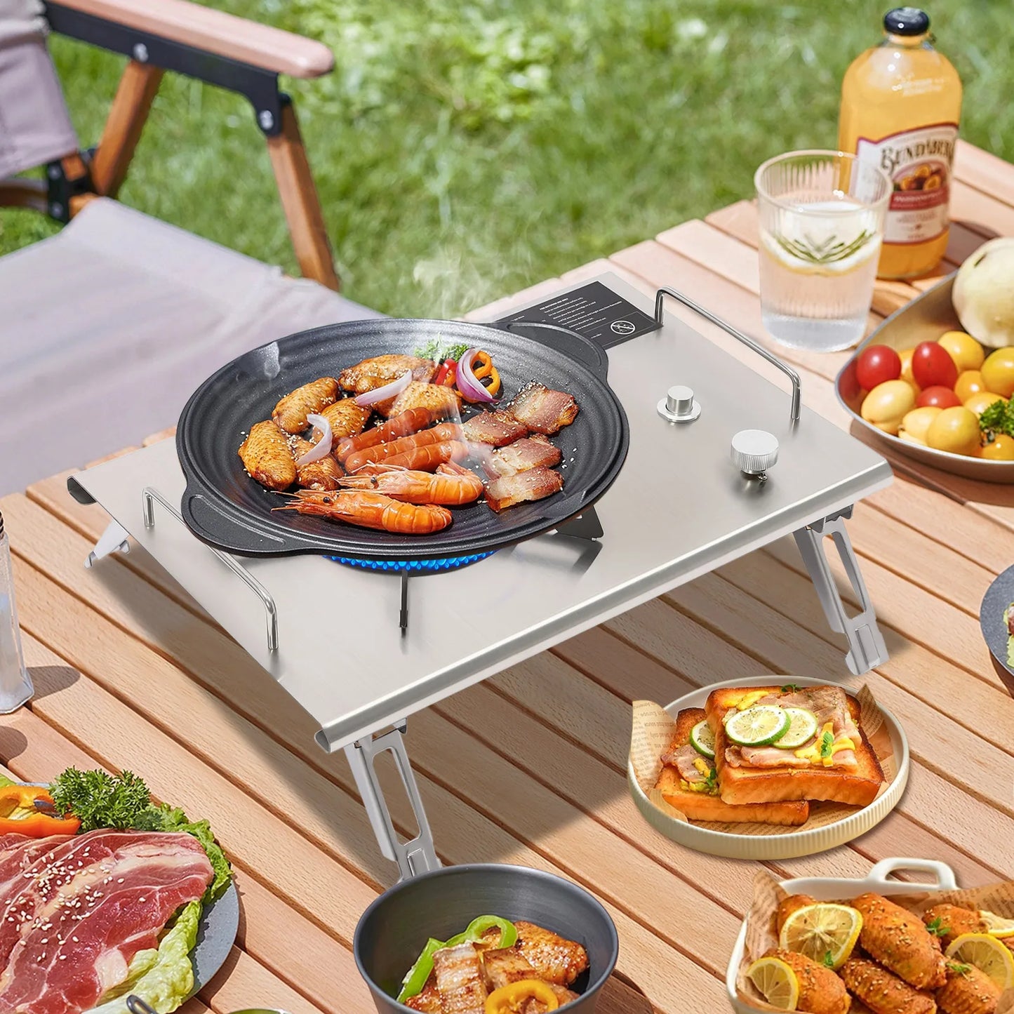 Portable Outdoor Folding Gas Stove 4 Foldable Leg Cotton Padded Storage Bag Insulated Handle Even Flame Holes Electronic Ignition Camping Cooker Infinitely Adjustable Flame Tabletop Inlay Gas Burner For Mountaineering Spring