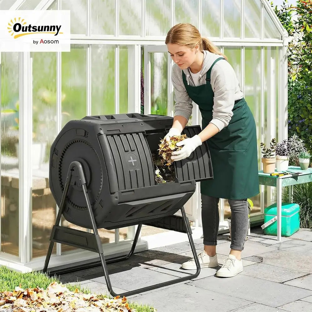Dual Chamber Outdoor Compost Tumbler With Adjustable Vents For Waste
