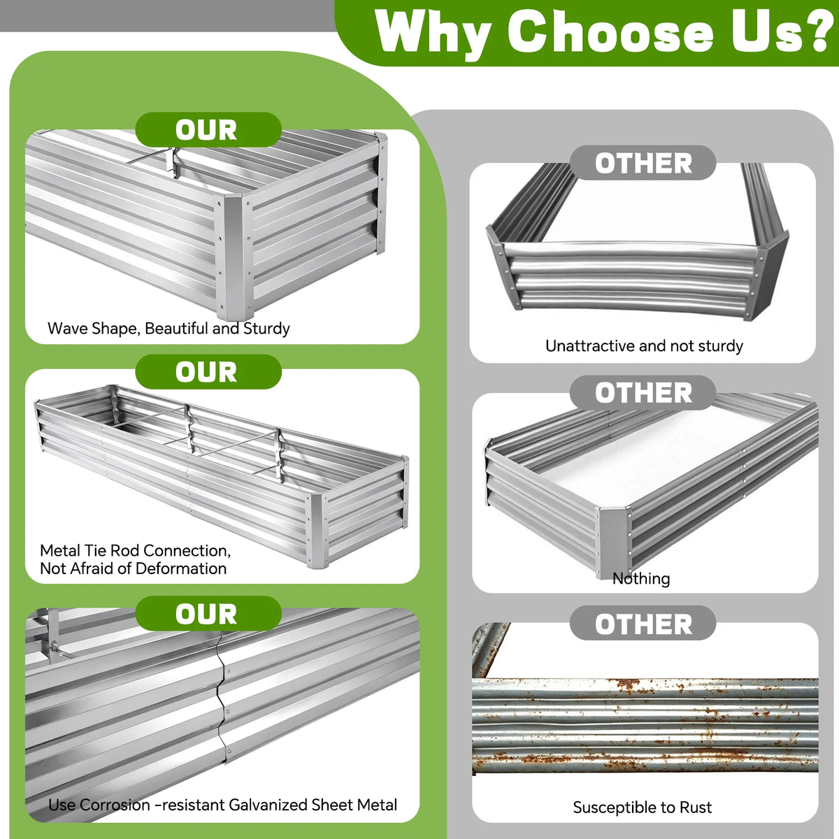 8×2×1ft Galvanized Metal Raised Garden Bed, 2FT Deep Root Elevated Planter Box Steel Large Vegetable Flower Bed Kit Light Green Silver