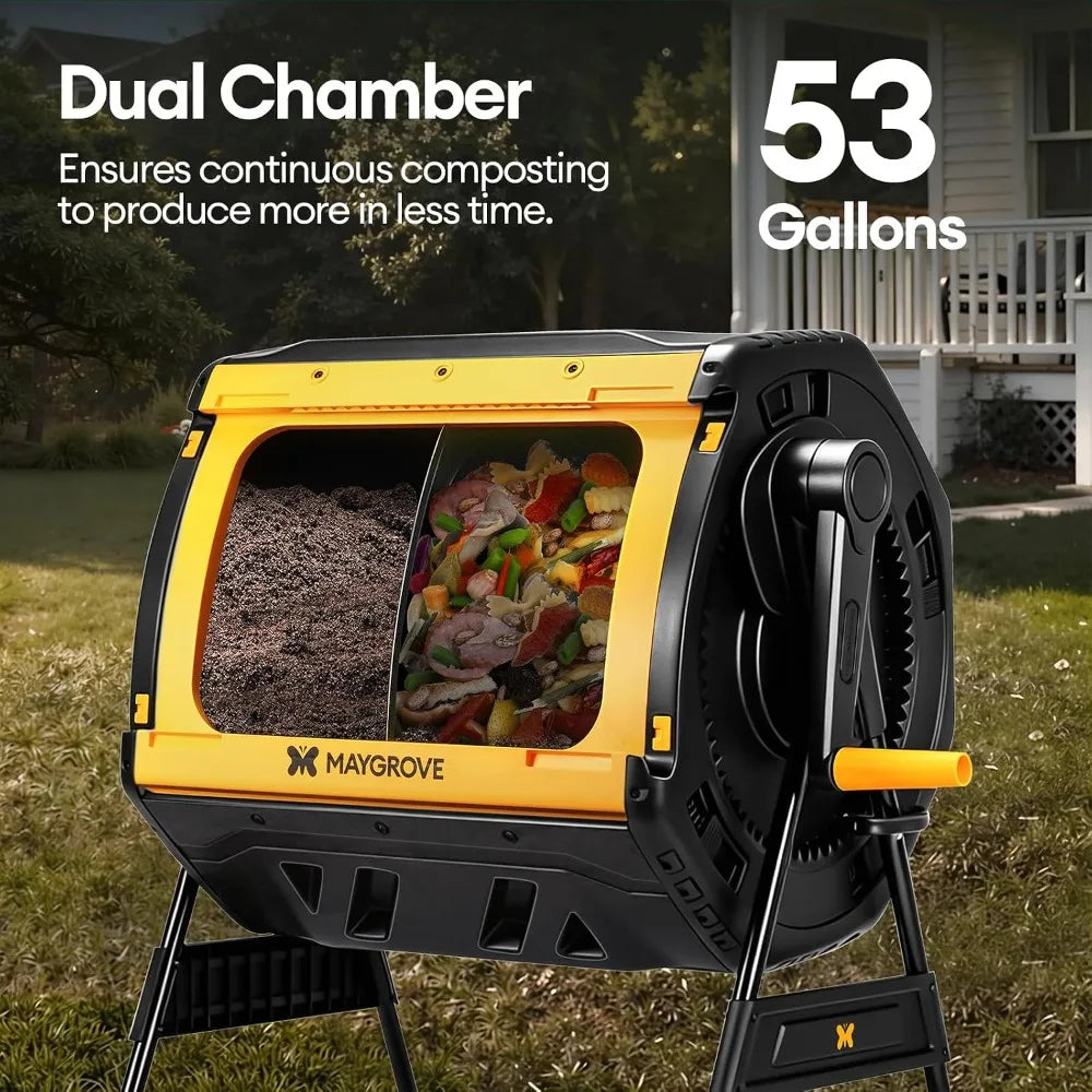 Dual Chamber Compost Tumbler With 360 Degree Rotation Sliding Doors