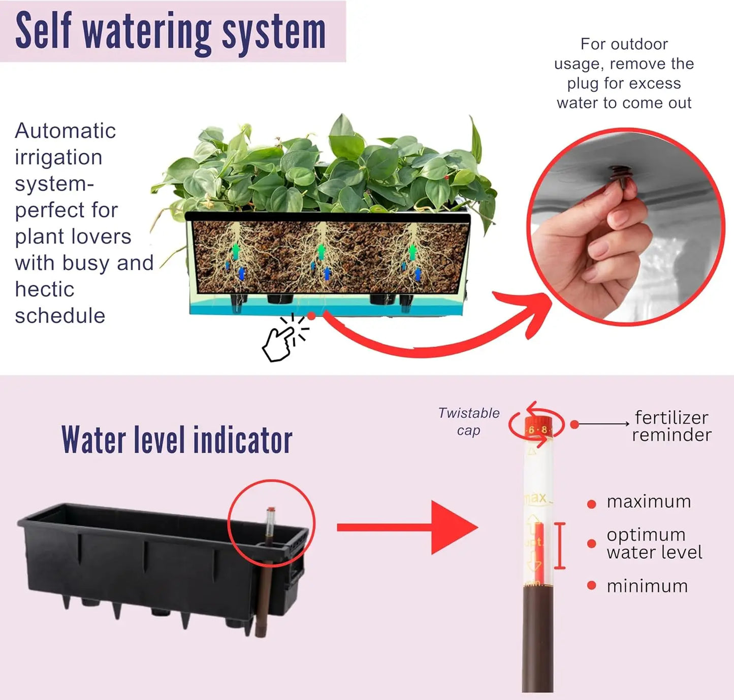 Self-Watering Rail Planter 20" 2-Pack, Black Rectangular Flower Box with Brackets, Rattan Pattern