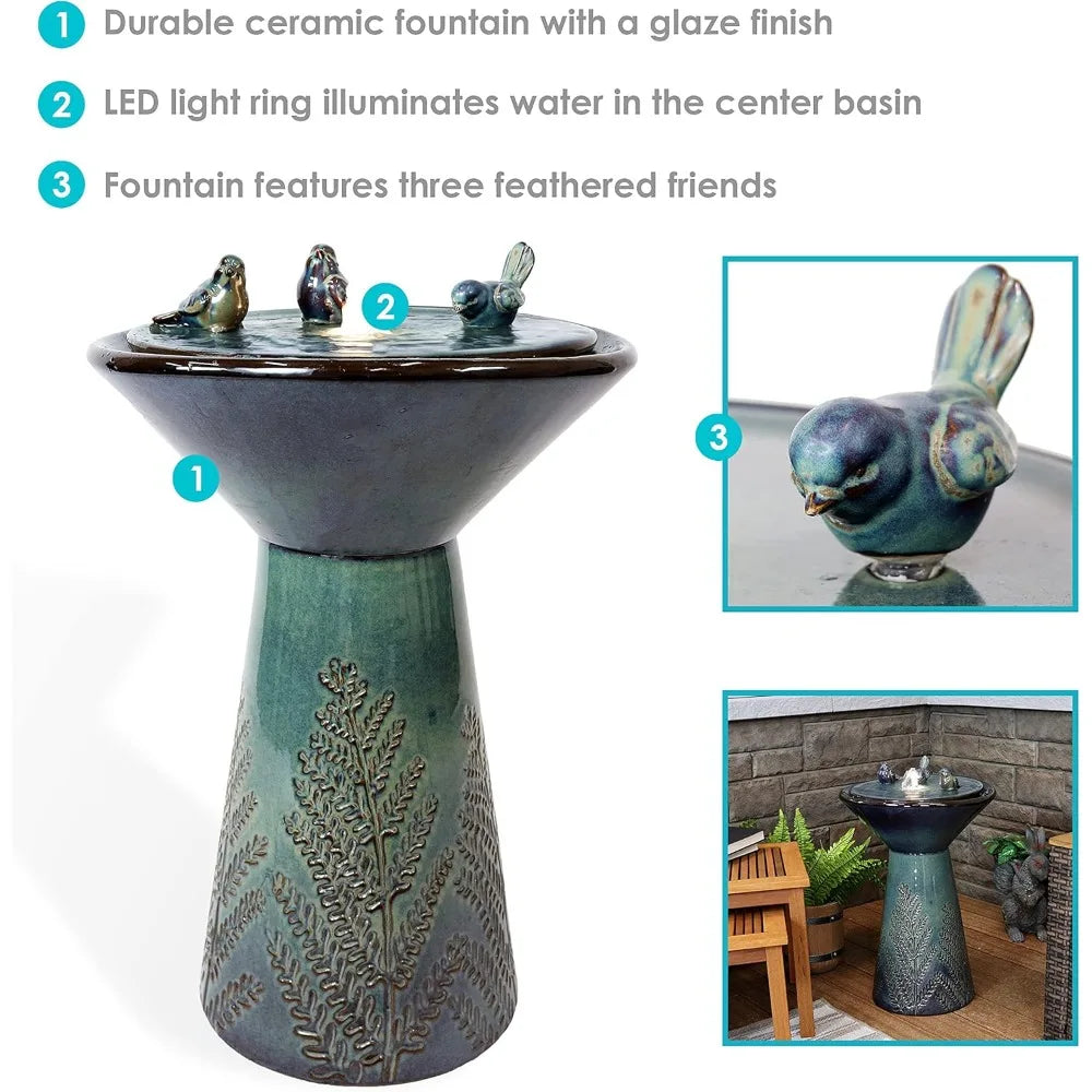 Gathering Birds Ceramic Bird Bath Fountain with LED Lights Patio
