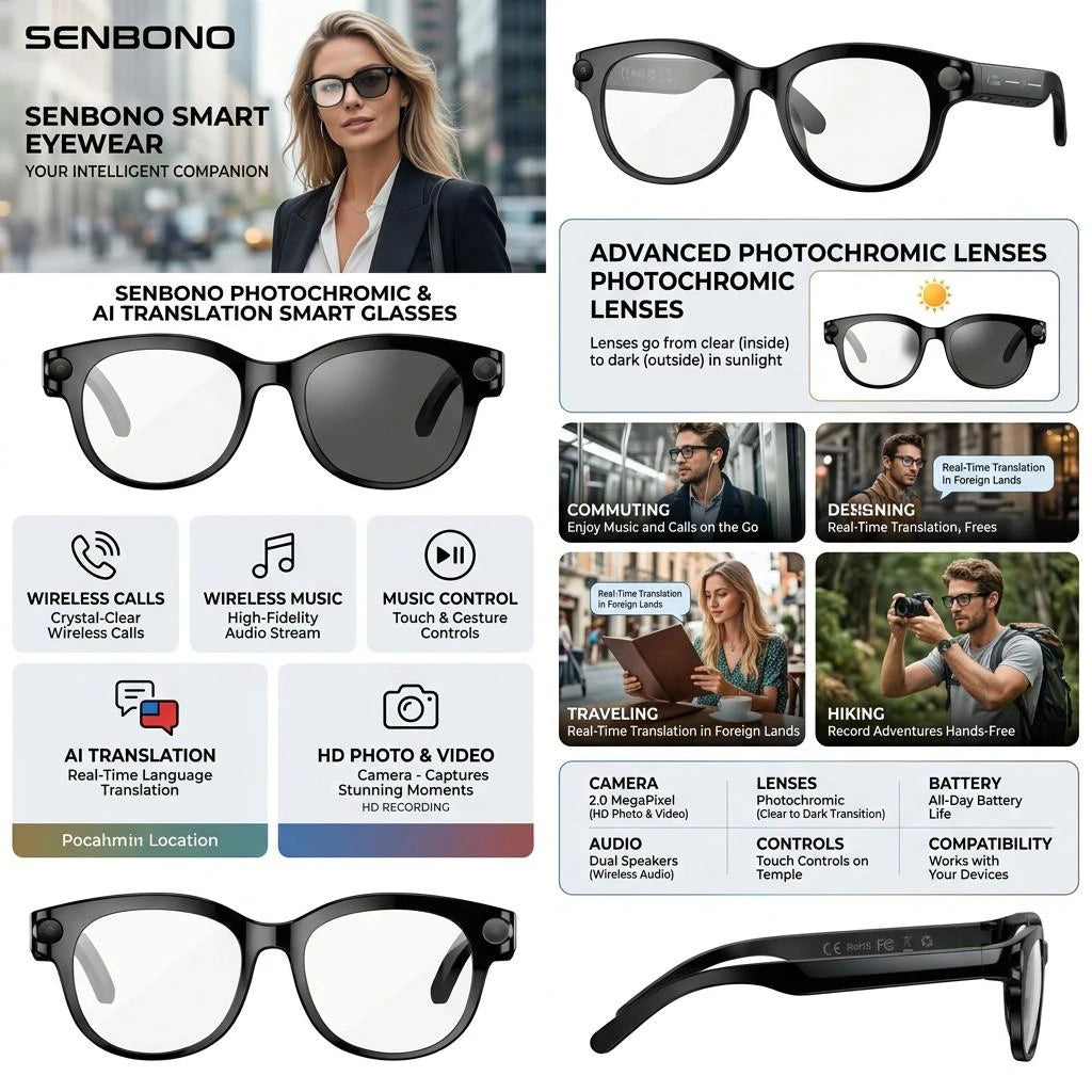 SENBONO AI Smart Glasses With Camera 1080P 4K Video Voice