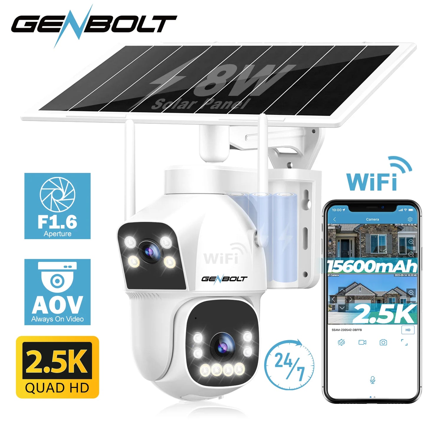 GENBOLT Outdoor Solar Security Wireless Camera 355 Degree Night Vision 15600mAh