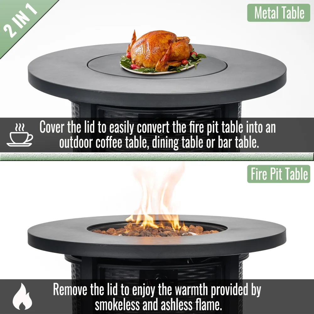 30 Inch Propane Gas Fire Pit Table, Black Round Steel Outdoor Fire Pit with 50000 BTU Heat Output, 30 by 30 by 24 Inch Size, 44 Pound Weight, Steel Structure, Package 32 by 32 by 11 and Patio Deck Garden Courtyard Use for Out