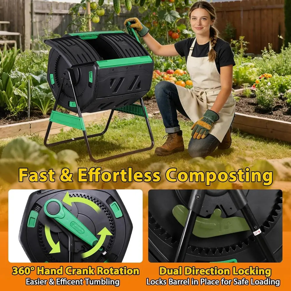 Octagonal Dual-Chamber Compost Tumbler With Thermometer Soil Tester Gloves