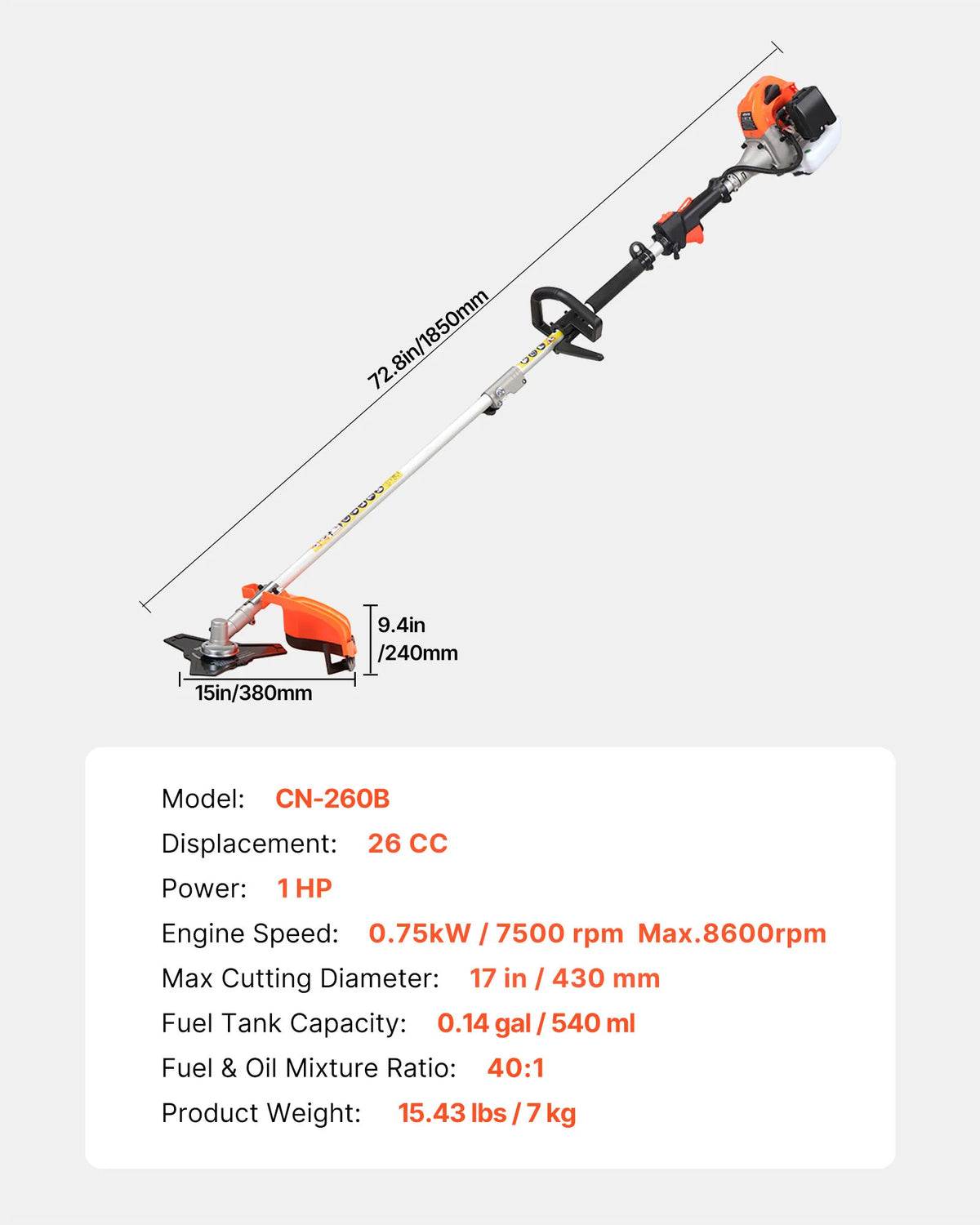SucceBuy Cordless String Trimmer 26/43/52 cc 2-Stroke Gas Powered Lawn Edger with Shoulder Strap 3T Blade for Grass Cleaning