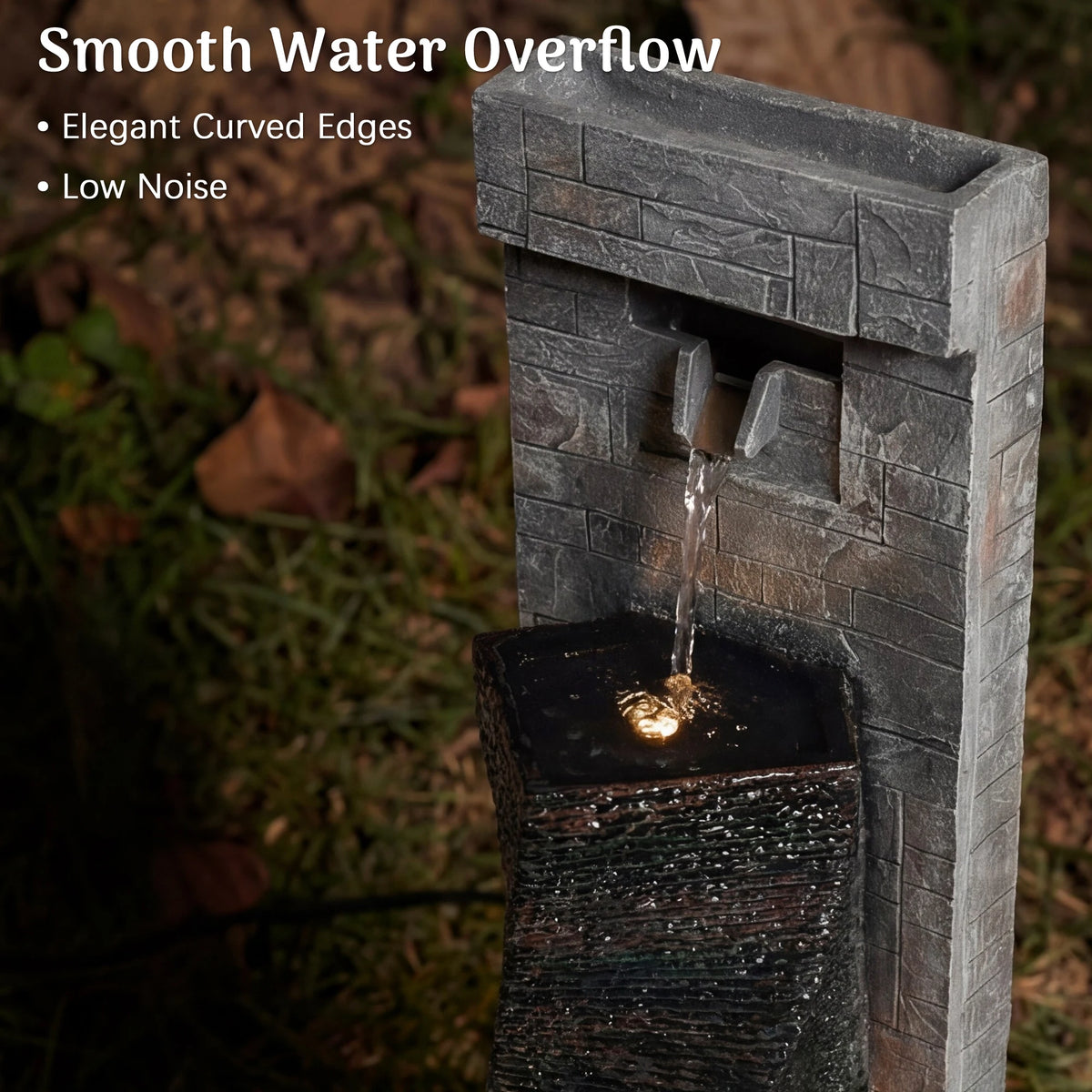 Outdoor Cascading Water Fountain with LED Lights, 14.2''W X 11.8''D X 39.4''H, 2-Tier Cascading Waterfall Feature with Adjustable Flow Pump for Patio, Backyard & Garden