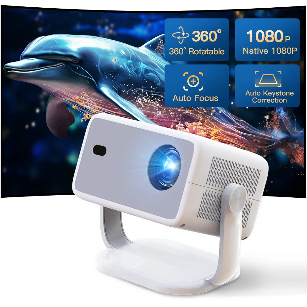 LynCast L018 Home Projector Native 1080P, 8K Decoding Android 14 WiFi6 BT5.4 Portable Movie Projector with 360° Correction