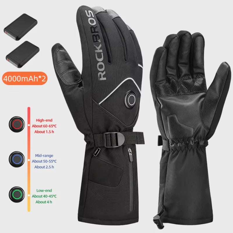 ROCKBROS Heated Skiing Gloves Winter Heated Gloves Motocycle Screen Touch Waterproof Rechargeable 4000mAh Battery Heated Gloves