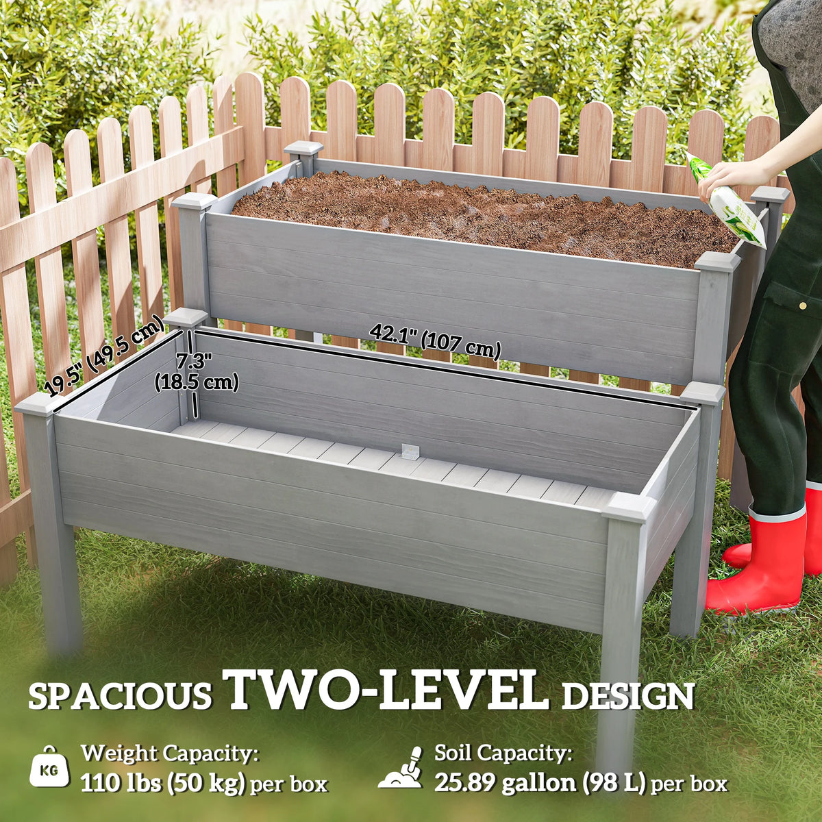 Outdoor/Indoor Raised Garden Bed Elevated Wooden Planter Box w/ 2 Compartments