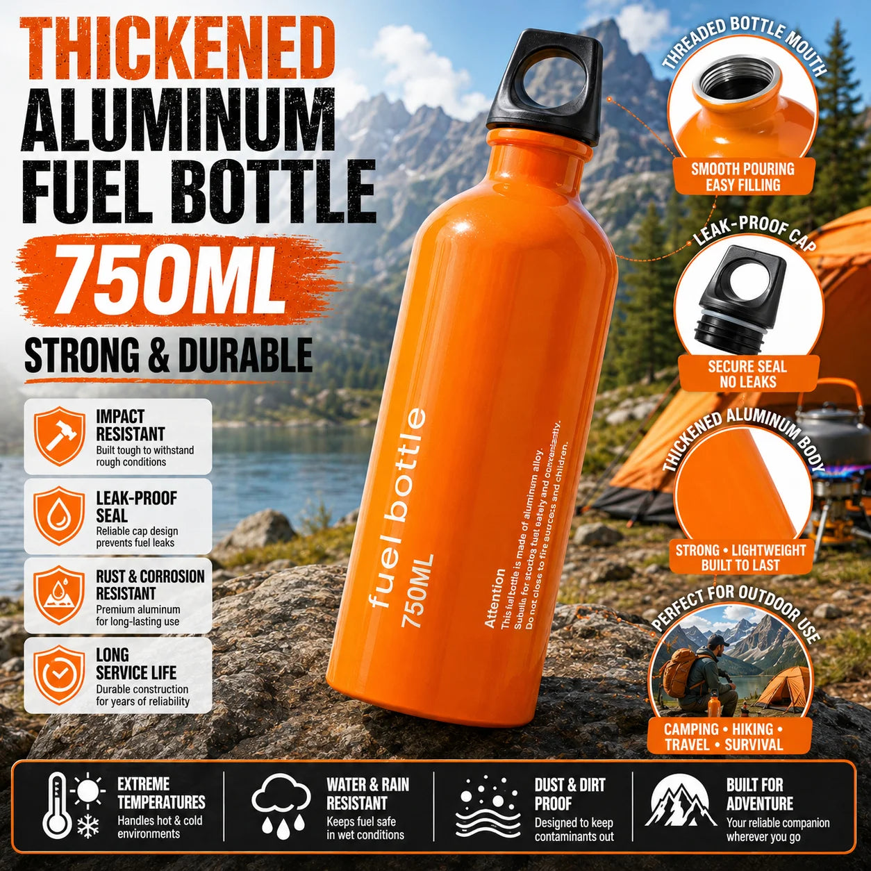 Aluminum Fuel Bottle 750ml Leakproof Portable for Camping and Hiking