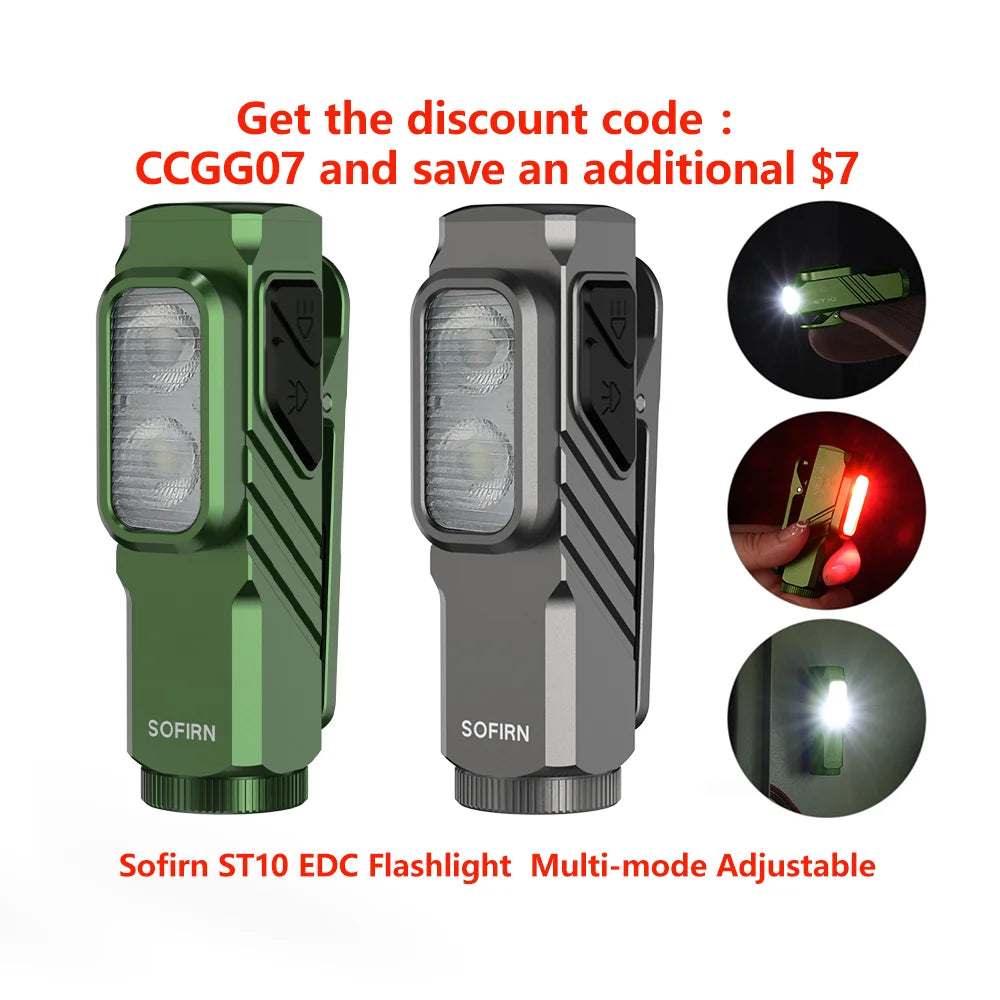 SOFIRN ST10 EDC Flashlight 1000LM USB-C Rechargeable 14500 Battery Waterproof Red Light Magnetic Tail Clip for Camping Hiking
