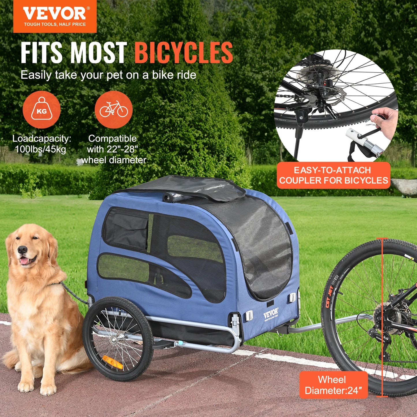 Pet Bike Trailer For Dogs 100 Lb Capacity Foldable