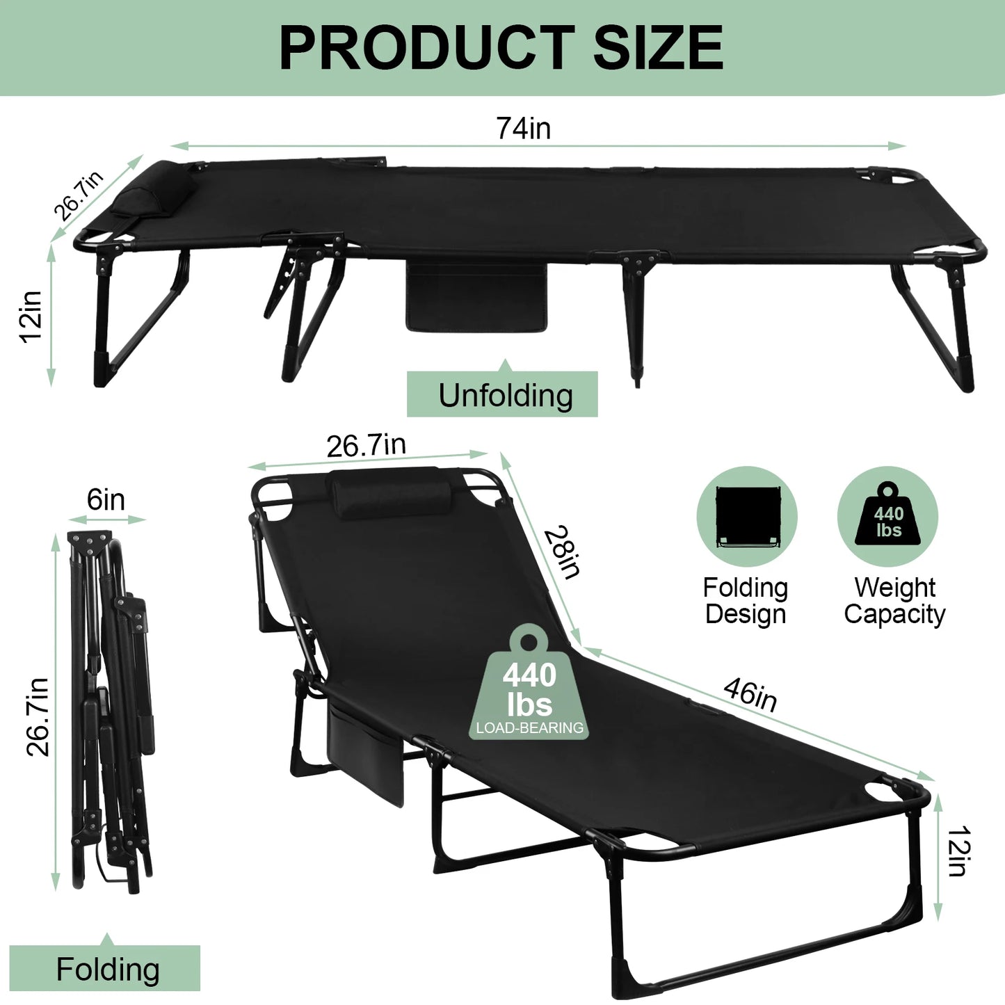 Portable Folding Camping Cot With 3 Position Reclining Chair And Pillow