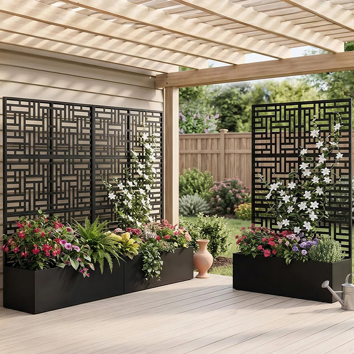 71in Tall Metal Raised Planter Box with Trellis & Privacy Screen Divider - Carbon Steel Outdoor Garden Bed - Drainage Holes - For Climbing Plants, Vines & Vegetables