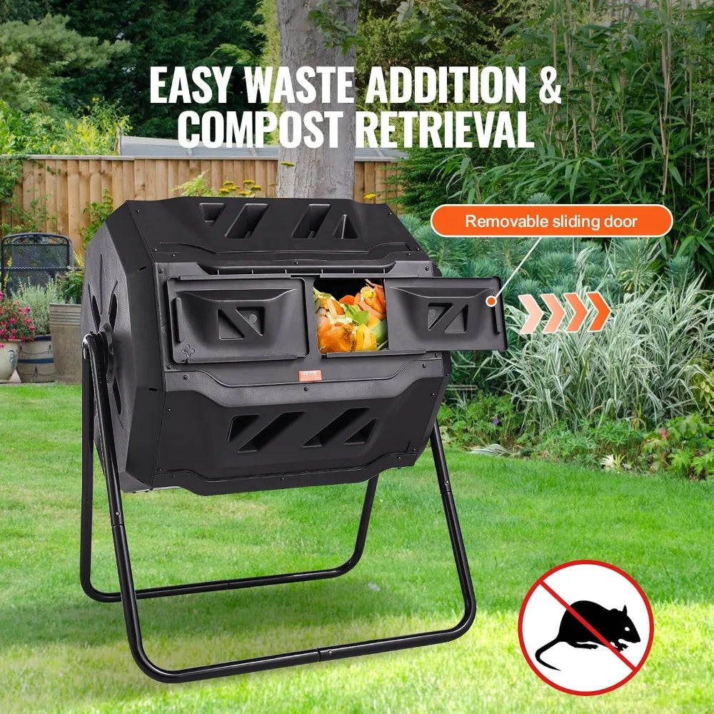 Dual Chamber Composting Tumbler With Sliding Doors And BPA Free Steel Frame