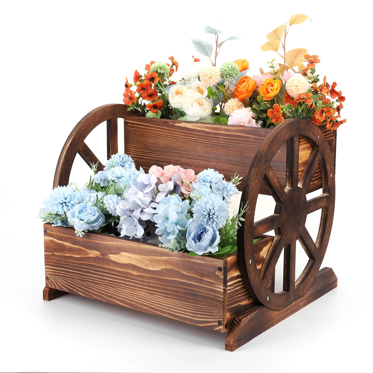 Wooden Wheelbarrow Planter with Wheels Decorative Plant Pot Flower Cart for Indoor Outdoor Patio Garden Balcony Backyard