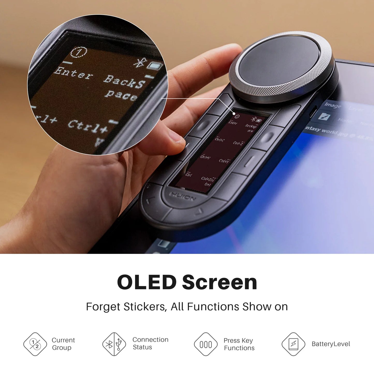 Huion Keydial Remote Mini Wireless Keyboard Dual-dial Controller Bluetooth Connect to Computer Windows macOS iPadOS iOS Android