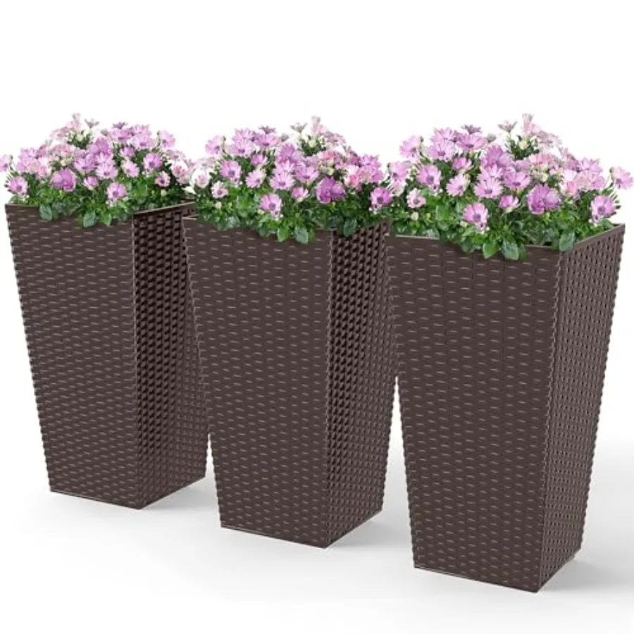 Stone Tall Outdoor Plant Planters Set Of 3 With Drainage Holes