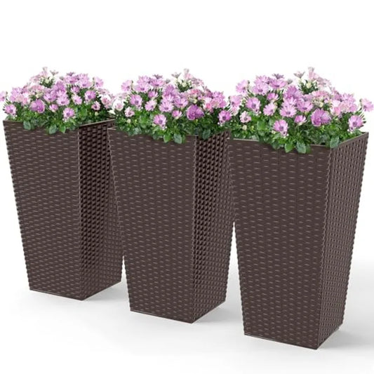 Stone Tall Outdoor Plant Planters Set Of 3 With Drainage Holes