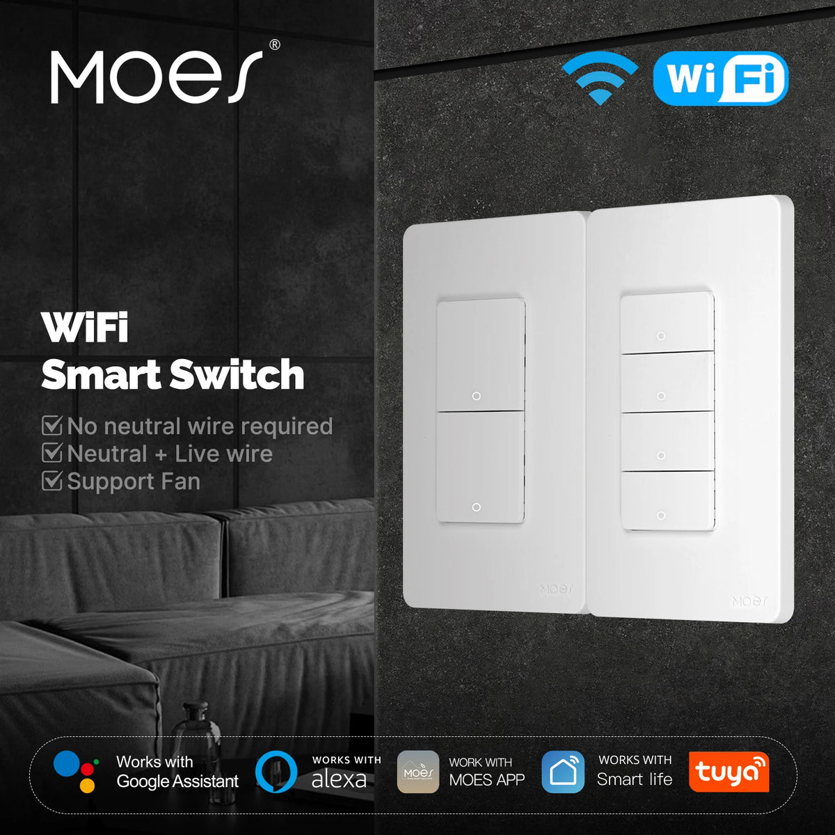 MOES Tuya Wi-Fi Smart Button Wall Switch (US Single-Live/Neutral Wire),Work with Alexa and Google Home,No Neutral Wire Required