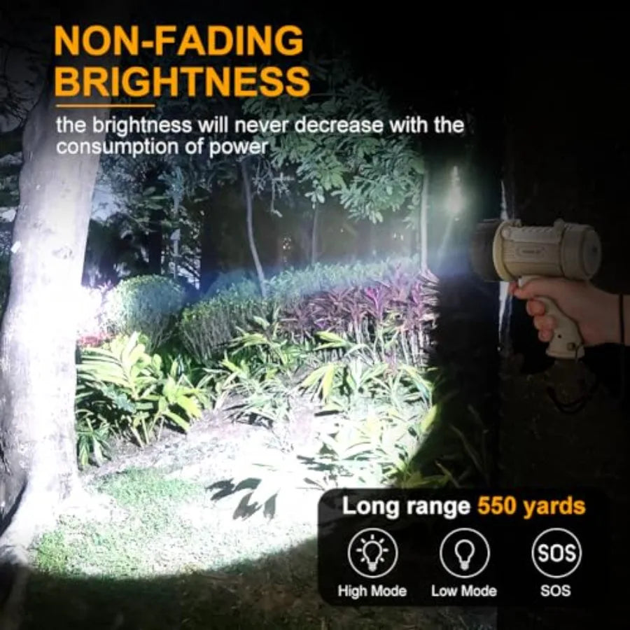 Rechargeable Spotlight Flashlight with 2000000 High Lumen LED, IP67 Waterproof Long Running Spot Light searchlight, Impact Resi