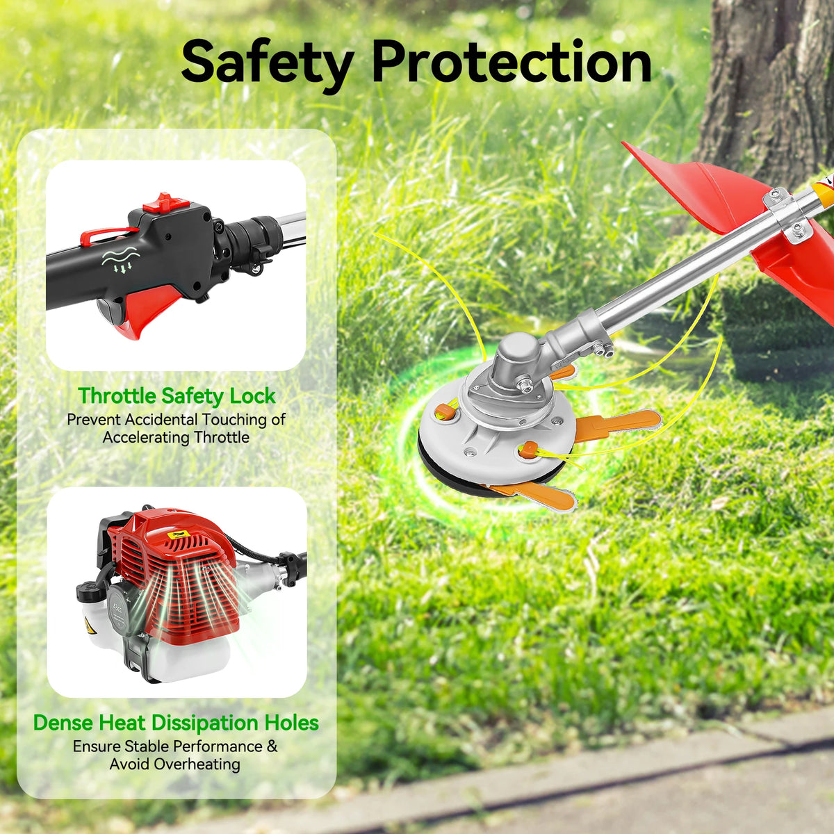 43cc 1.25kW Gasoline Brush Cutter, 2-Stroke Weed Wacker with 2 Blade Heads (Roller & Mowing), for Lawn, Orchard, Tea Garden, Rice Wheat Cutting, and Bush Clearing, 8500rpm High-Speed Grass Trimmer