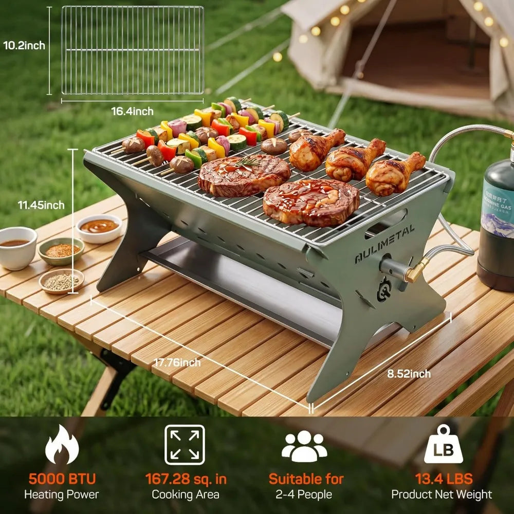 Portable Camping Grill 3 In 1 Charcoal Wood Gas Stainless Steel Carry Bag