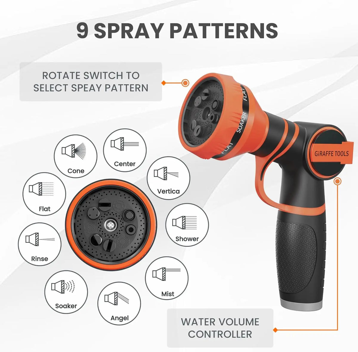 Giraffe Tools Non-Expandable Garden Hose 25-100FT 1/2” Lightweight Flexible Water Hoses Burst 600 Psi with 9 Spray Function Nozzle Heavy Duty Hose