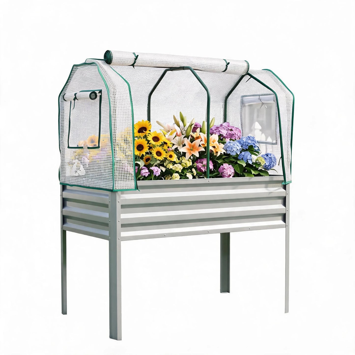HiMISS Galvanized Metal Raised Garden Bed With Greenhouse Cover