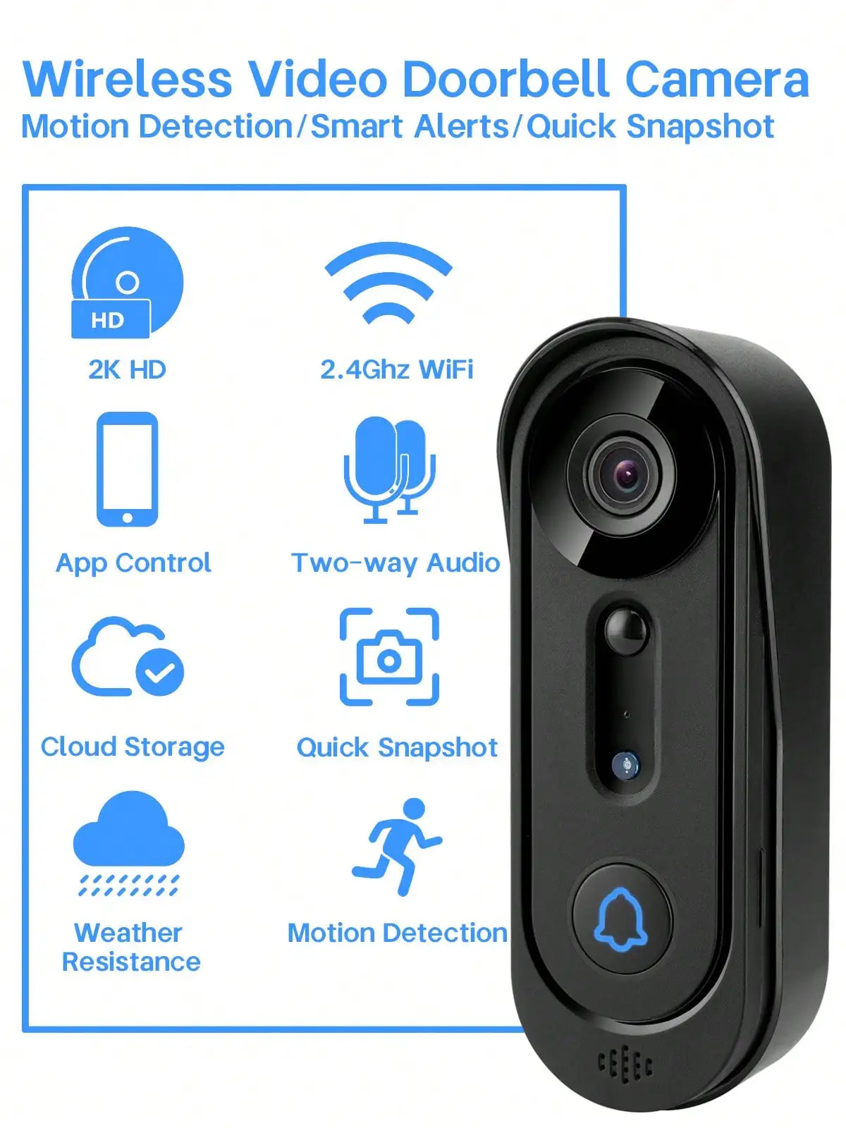 2.4GHz WiFi Video Doorbell with Indoor Chime, Weatherproof Home Security Camera, Two-Way Audio, Motion Detection & Mobile App Control