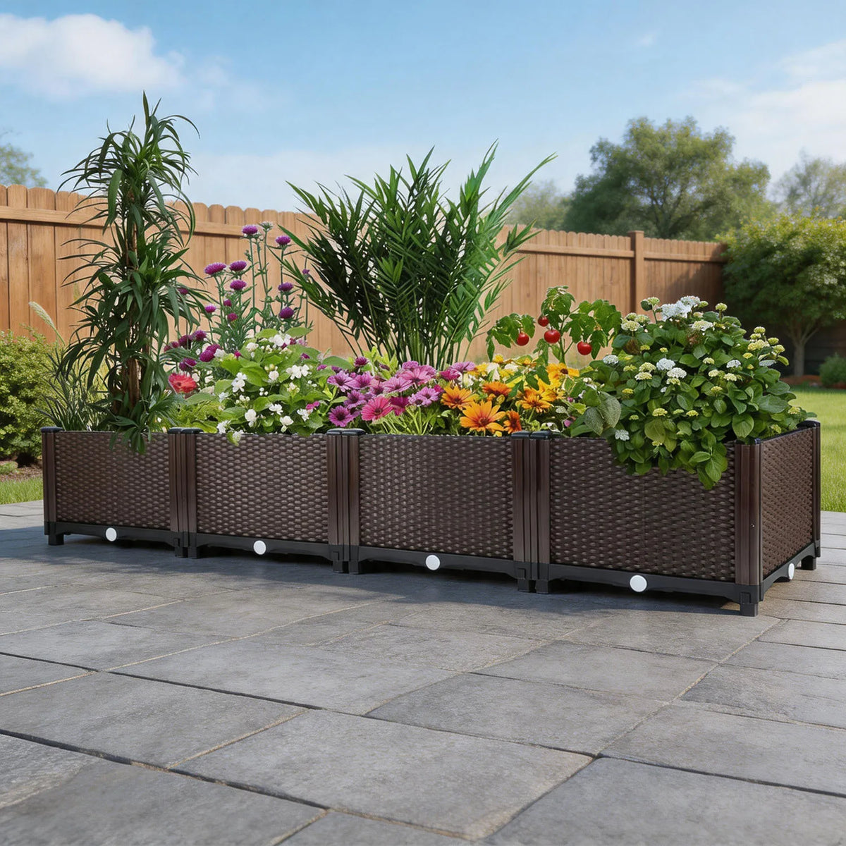 Self-Watering Raised Garden Bed – 160cm Large Plastic Planter Box with Deep Rectangular Rattan Design, Drainage Plug, Weather-Resistant for Outdoor & Indoor Vegetables, Flowers, Herbs, Patio, Balcony