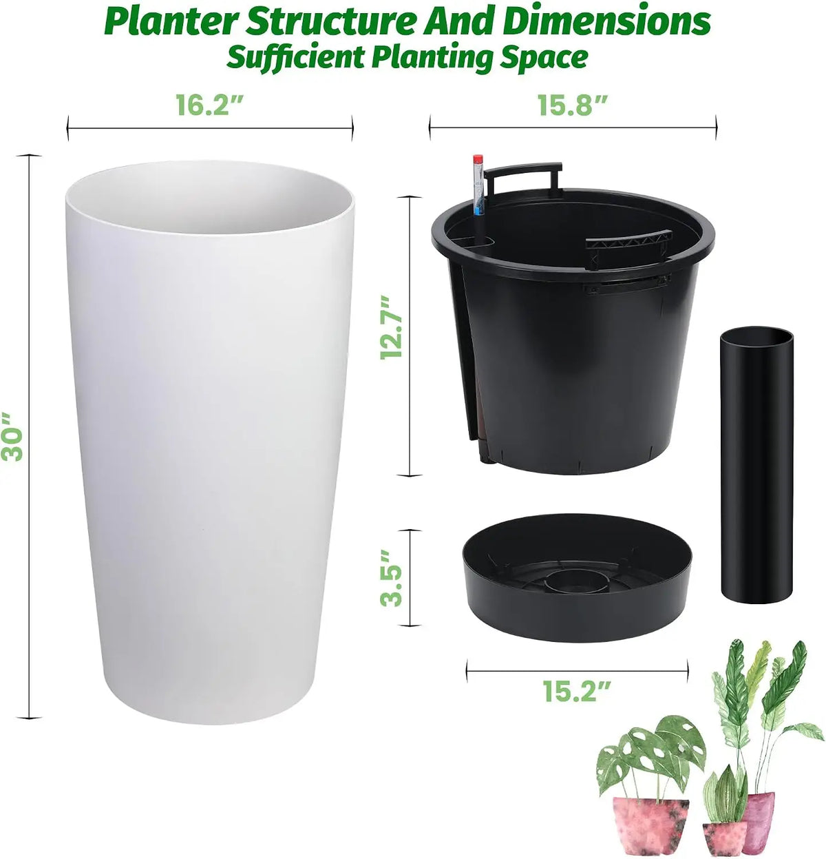 Tacleekii 30 in Planters Set of 2  Outdoor & Indoor Planters with Water Level Monitor ＆ Inner Bucket Automatic Watering  Self-Watering with Reservoir for Porch Backyard Patio