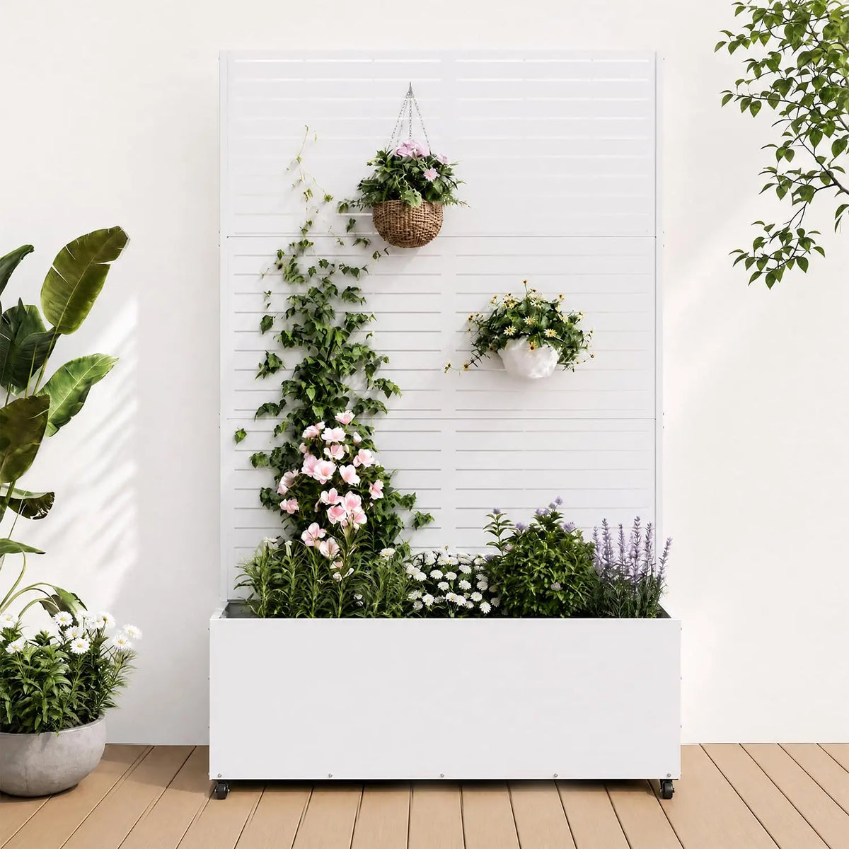 71in Metal Planter Box Trellis With Wheels Raised Garden Bed Privacy Screen For Climbing Plants Vegetables Vines Patio Balcony