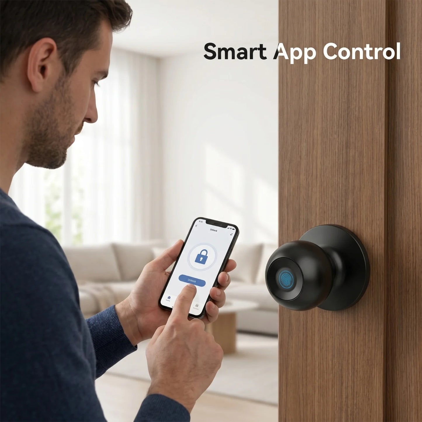Tuya Smart Fingerprint Door Knob Lock WiFi App Remote Control Keyless Entry Smart Door Lock Temporary Password Unlock Biometric Round Knob Lock for Bedroom Apartment Office