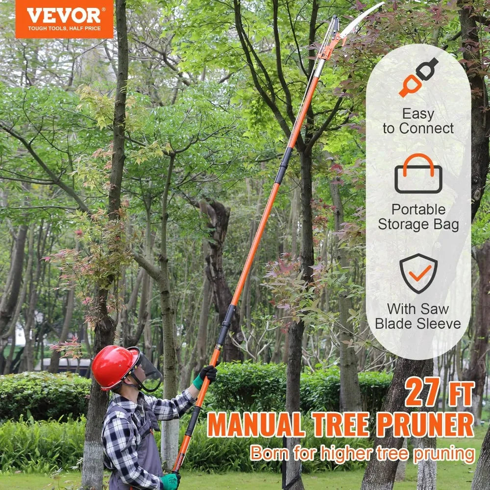 VEVOR 7.3-27 ft Extendable Pole Saw 8 Fiberglass Handles Steel Blade Scissors Tree Pruner for Palms Shrubs